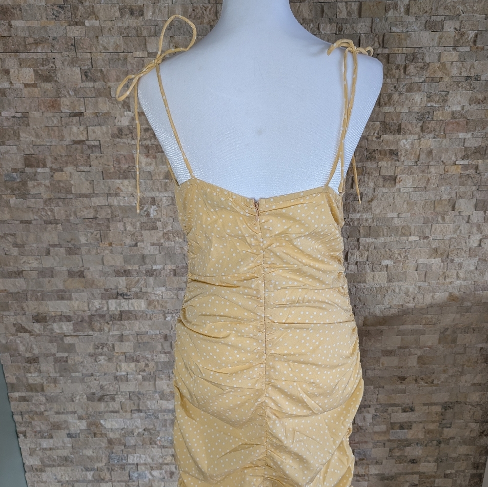 Yellow Polka Dot Cowl Neck Mini Dress Feminine Spring Date Look Sz M image 4